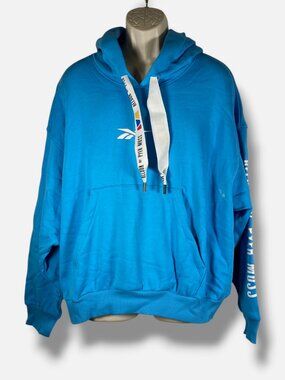 Reebok x Pyer Moss Men's Blue Ribbed Branded Drawstring Hoodie Sweater Size L
